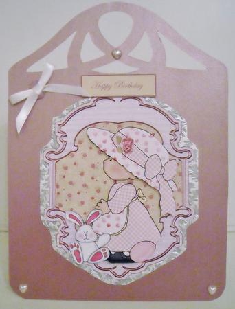 Bonnet Girl with White Rabbit Card Front and Large Decoupage by Pam Stubley