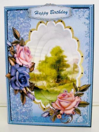 Beautiful Blue and Pink Roses and Country Scene ( Pyramarge by Pam Stubley