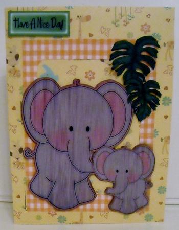 Wooden Elephant with Baby, Leaves in Scalloped Frame by Pam Stubley