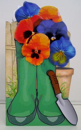 Green Wellies and Pansies Shaped Card by Pam Stubley