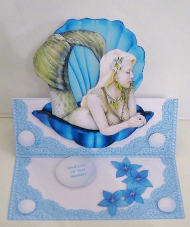 Beautiful Mermaid in a Shell & Pearls Decoupage Easel Card by Pam Stubley