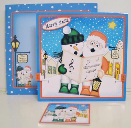 3D Xmas Santa & Snowman Animated Merry Carollers Card by Pam Stubley