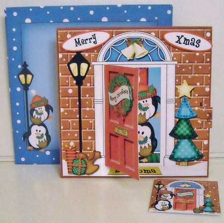 3D Xmas Penguin's Pudding Animated Moveable Open Door Card by Pam Stubley
