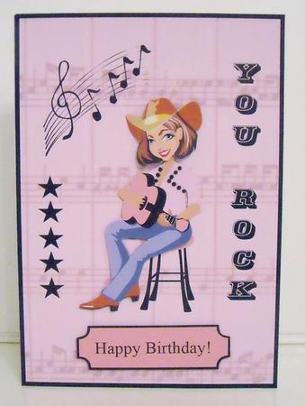 You Rock - Pink Guitar Lady Card Front with Decoupage by Pam Stubley