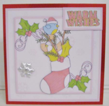 Square Christmas Card - Bluetit on Stocking by Pam Stubley
