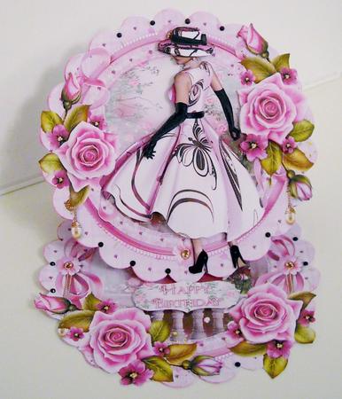 Sweet Pink Roses Lady Scalloped Round Easel Card by Pam Stubley