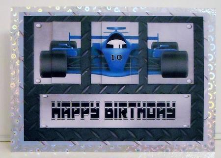Blue Racing Car Triple Pyramid Card Front by Pam Stubley