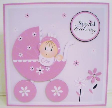 Baby Girl in Pink Pram New Baby Card by Pam Stubley