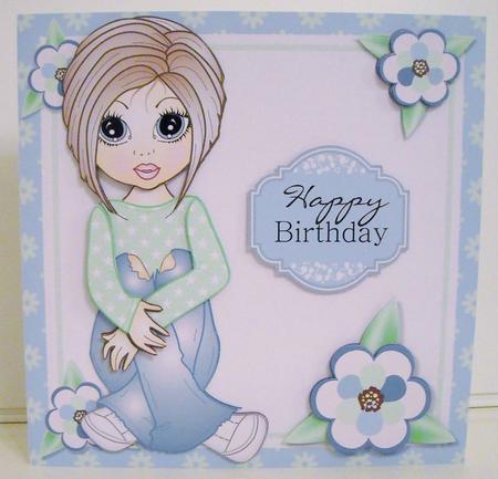Emma in Torn Jeans Birthday Card Topper by Pam Stubley