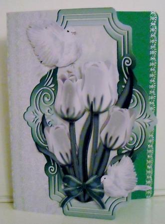 White Tulips and Doves on Lace on a Plaque by Pam Stubley
