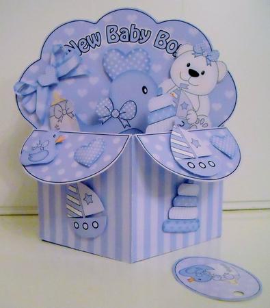 3D New Baby Boy Diagonal Rubber Band Pop Up Box Card by Pam Stubley