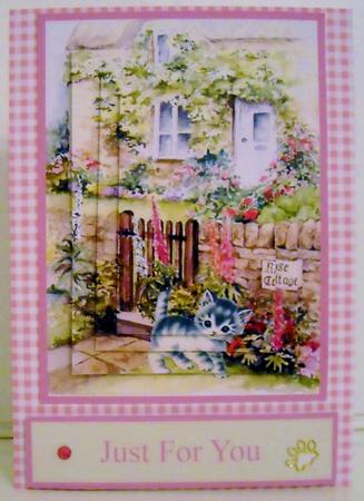 Rose Cottage & Kitten Pyramage Card by Pam Stubley