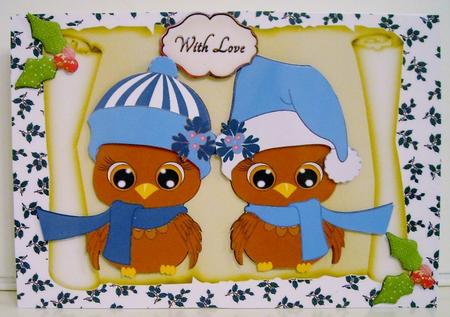 Merry Owls in Blue Santa Hats on a Scroll by Pam Stubley