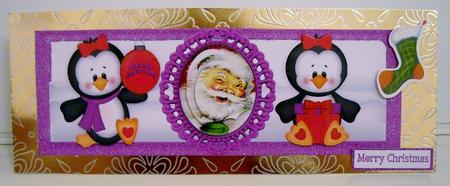 Cute Little Penguins in Pink with Santa Dl Card by Pam Stubley