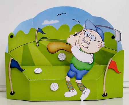 3D Old Man Bert Plays Golf Rubber Band Pop Up Scene Card by Pam Stubley