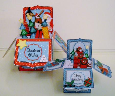3D Xmas Santa & Rudolph Rubber Band Pop Up Box Card by Pam Stubley