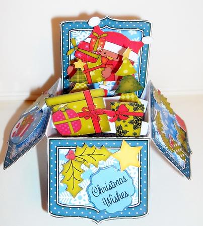 3D Xmas Bobbin Robin Presents Rubber Band Pop Up Box Card by Pam Stubley