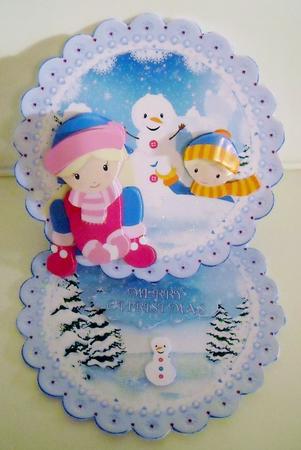 Snowball Fight Scalloped Round Easel Card by Pam Stubley