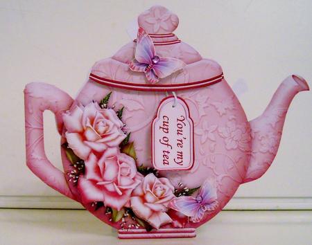 Teapot Shape Card Pink Roses & Decoupage Card Kit by Pam Stubley