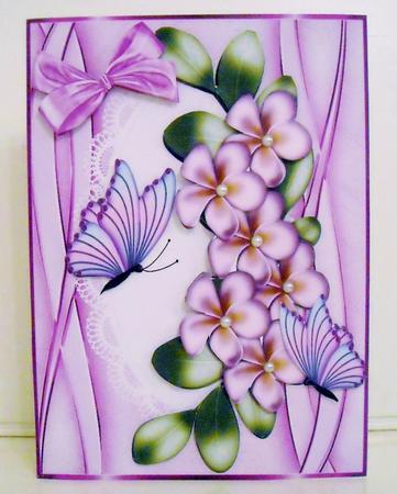 Pink Flowers and Butterflies on Lace with Bow by Pam Stubley