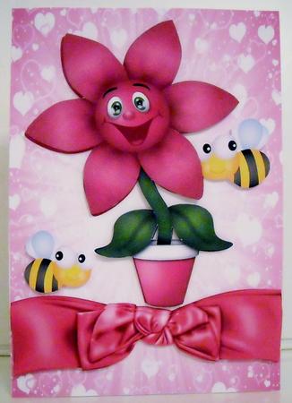 Cartoon Face Pink Flower in a Flowerpot, with Bees by Pam Stubley
