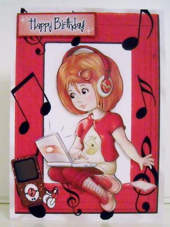 Girl with Her Laptop in Red & Mp3 Player Lets Make Music by Pam Stubley