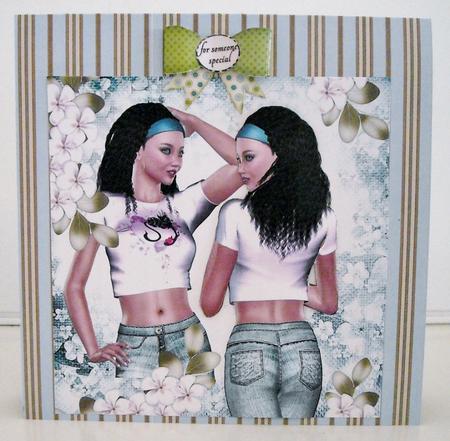Pretty Girl Posing in Turq Headband, Jeans & Flowers 8x8 by Pam Stubley