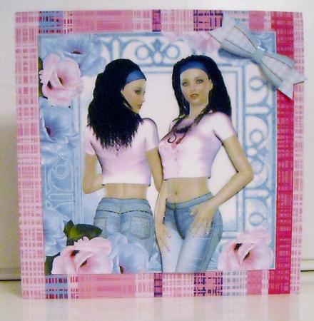 Modern Girl in Denim with Tropical Flowers 8x8 by Pam Stubley
