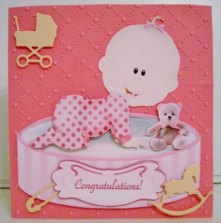 Baby Girl & Teddy Bear - Shaped Card Topper with Decoupage by Pam Stubley
