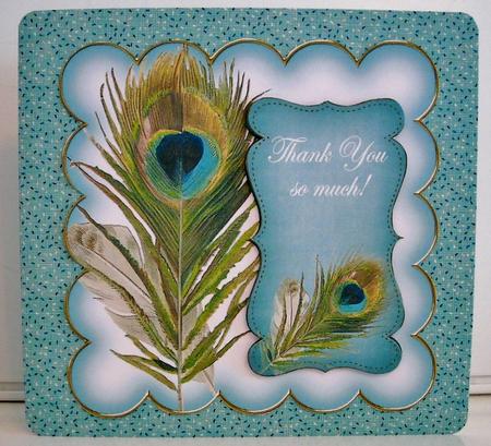 Teal Peacock Thank You 8in Scallop Topper by Pam Stubley