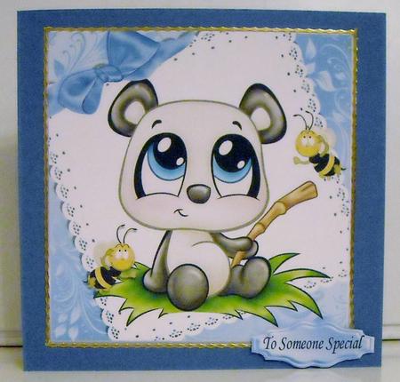 Cute Little Panda with Bees on Lace with Bow 8x8 by Pam Stubley