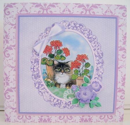 8 x 8 Cat and Geraniums Decoupage Card by Pam Stubley