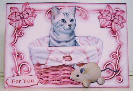 Cute Kitty in the Basket with Toy Mouse & Bows by Pam Stubley