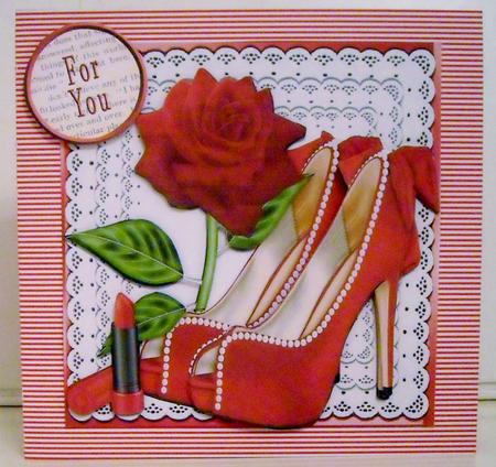 Bows & Pearls Lovely Red Shoes with Red Rose on Lace 8x8 Kit by Pam Stubley