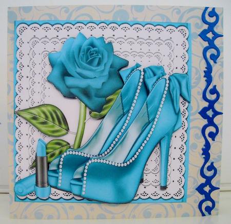 Pretty Turq and Pearl Shoes on Lace with Rose 8x8 by Pam Stubley