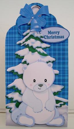 White Polar Bear and Snow Tree on Blue Tartan Tag by Pam Stubley