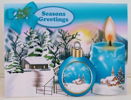Lovely Snow Scene with Cottage, Turq Candle and Bauble by Pam Stubley