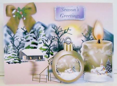 Lovely Snow Scene with Cottage, Beige Candle and Bauble by Pam Stubley
