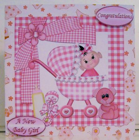 Baby Girl in Her Pram with Gingham Teddy 8x8 by Pam Stubley