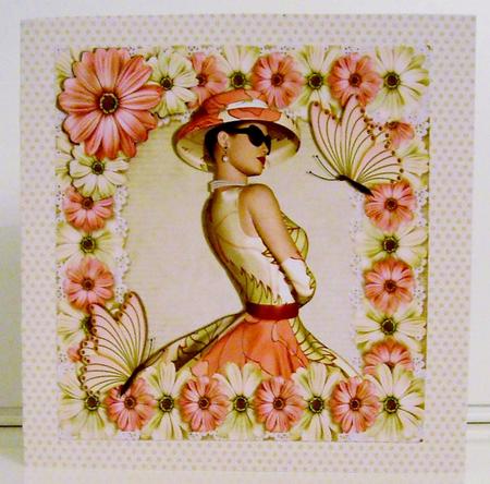 Elegant Lady in Hat with Cream/pink Flowers 8x8 by Pam Stubley