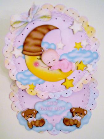 Baby Girl on the Moon Scalloped Round Easel Card by Pam Stubley