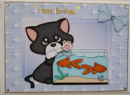 Cute Black & White Cat with Gold Fish Tank by Pamela Evans