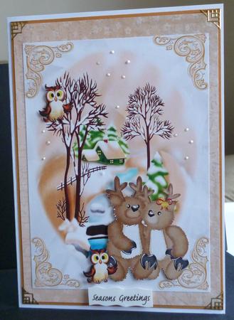 Winter Friends with Cute Reindeer and Owl in Snow Scene A4 by Pamela Evans