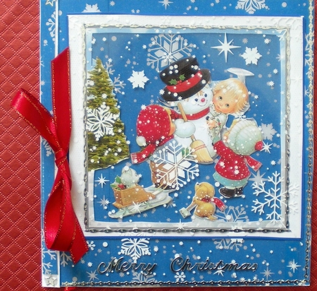 Snowman and Children Christmas card topper by Pamela Horton