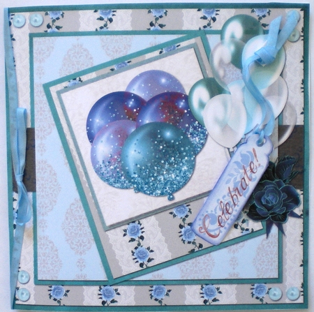 5 x 5 Quick Cut & Fold Card Teal/Lilac/Aqua Balloons with Sentiment Toppers by Pamela Horton