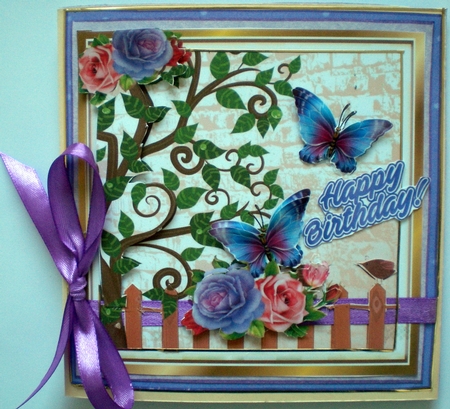  rose garden leaves with birds and butterflies card fronts 8x8 by Pamela Horton