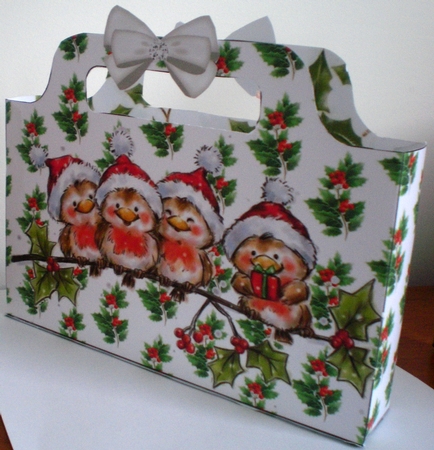 Cute Robins in santa hats with holly and white bow  tote gift bag by Pamela Horton
