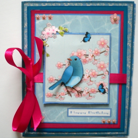 Blue bird and Sakura flowers greeting card by Pamela Horton