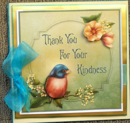 Lazuli Bunting & Flowers 8x8 Decoupage Card - Kindness by Pamela Horton