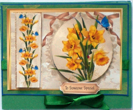 Lovely Spring Daffodills on Ivory Lace  by Pamela Horton